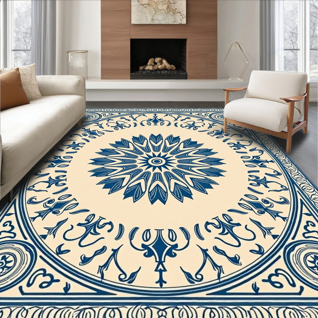 Deep Blue Circular Ornamental Bloom Rug
