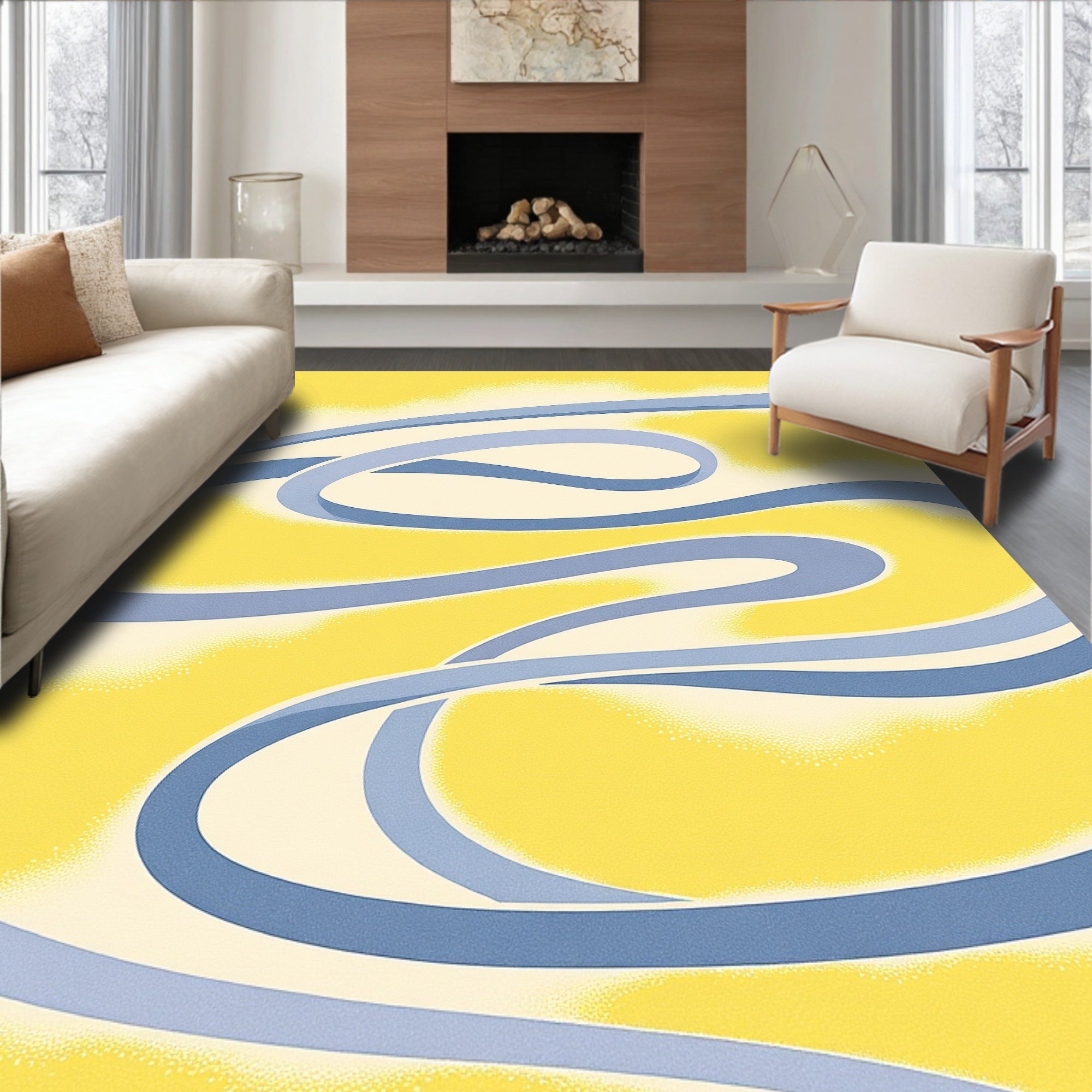 Blue Serpentine Ribbons on Yellow Field Rug