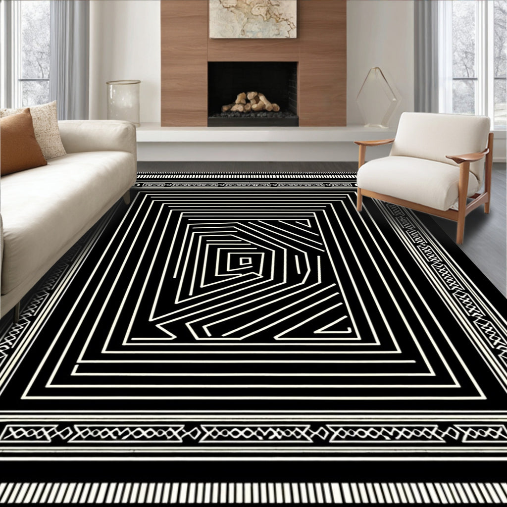 Striped Black Ivory Outline Maze Rug