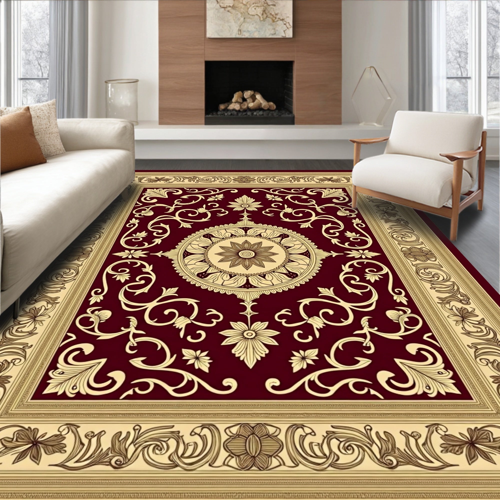Burgundy Cream Ornate Vine Medallion Rug
