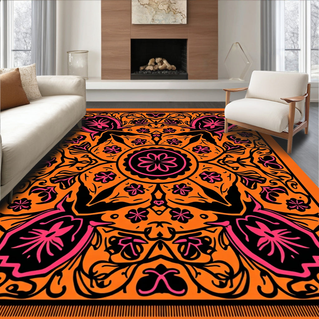 Orange Pink Floral Medallion Art Rug
