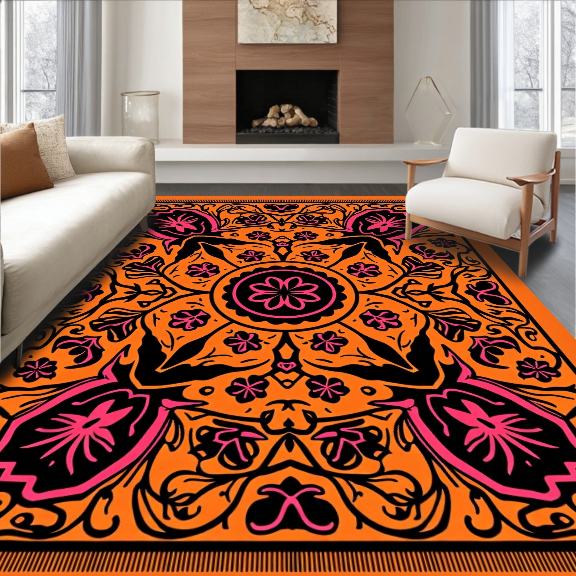 Orange Pink Floral Medallion Art Rug