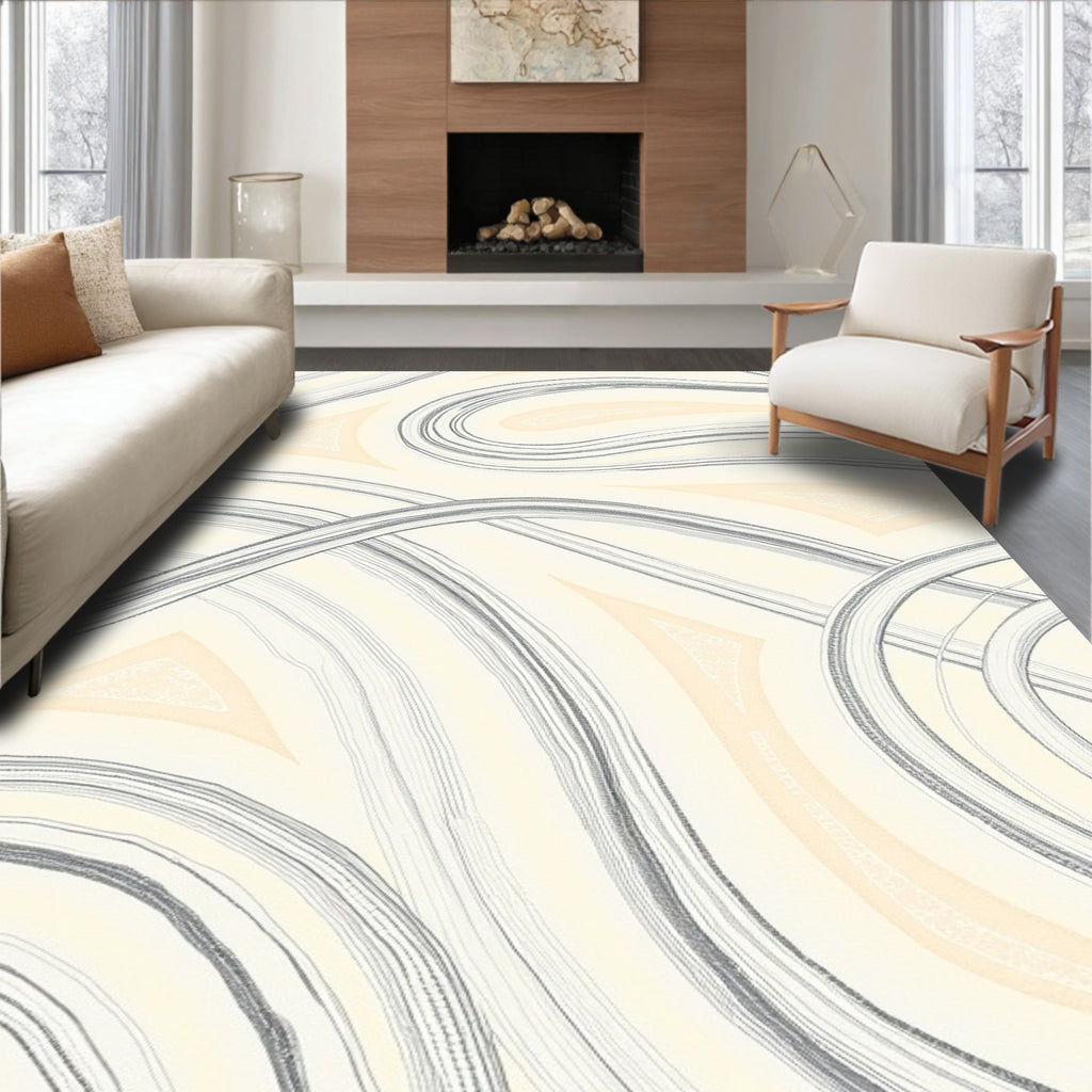 Soft Cream Abstract Swirl Line Rug
