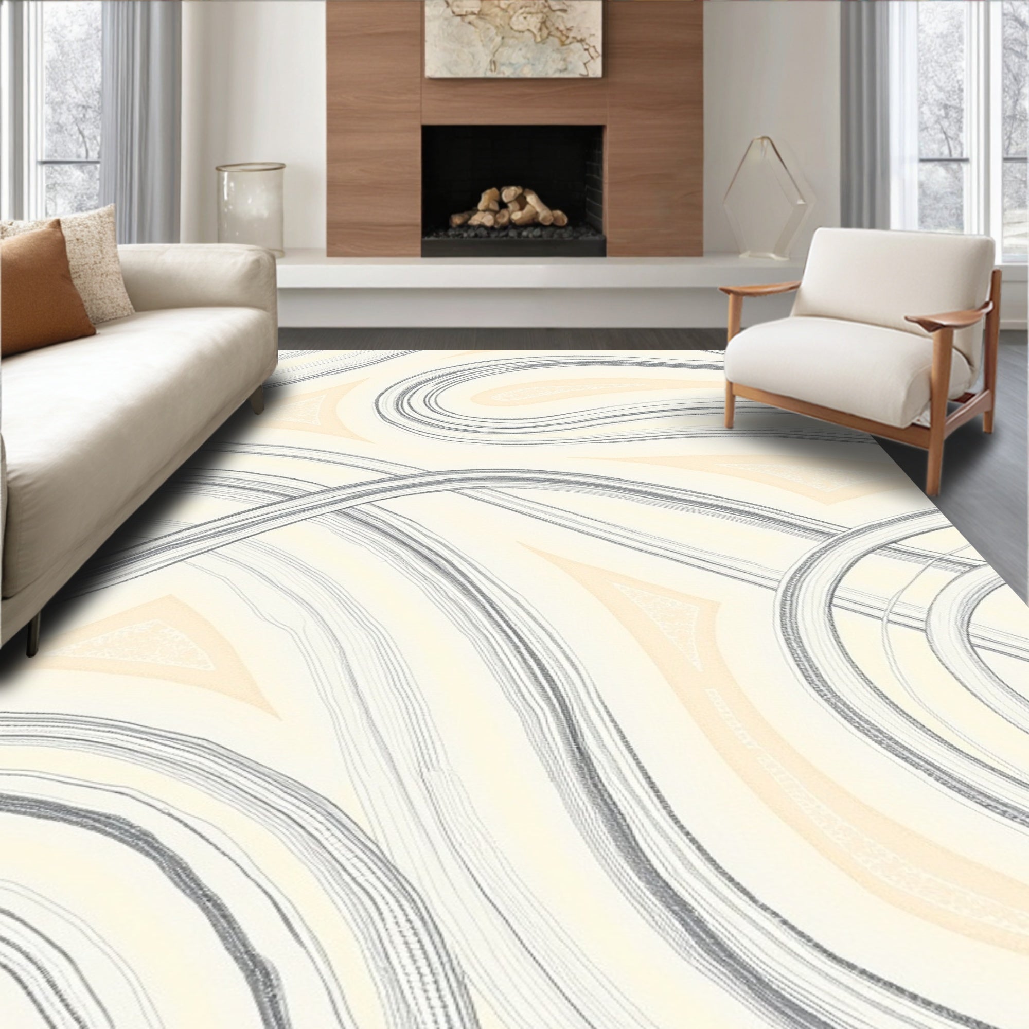 Soft Cream Abstract Swirl Line Rug