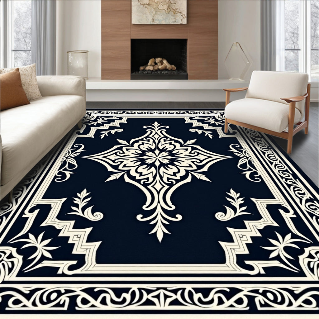 Midnight Navy Ivory Damask Frame Rug