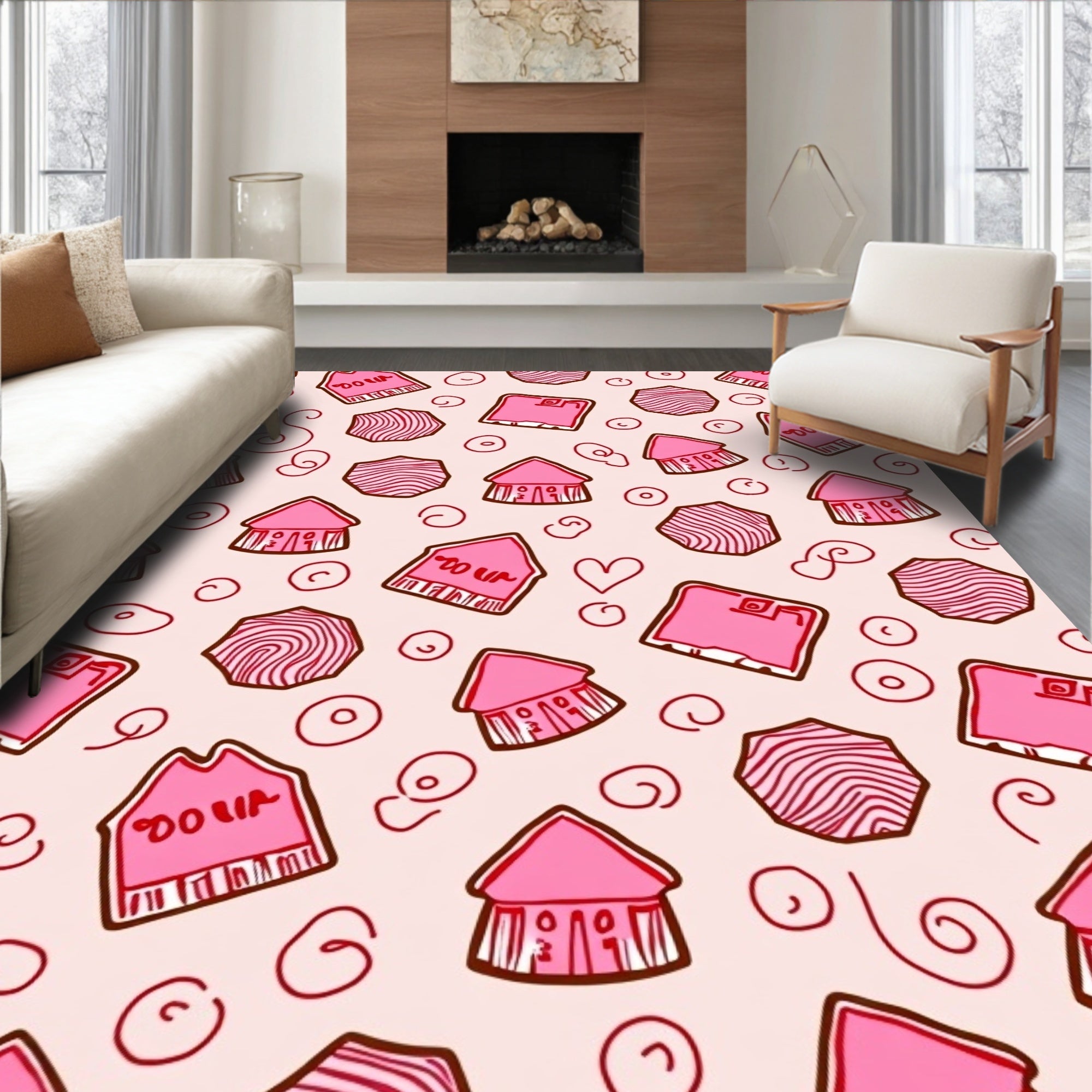 Pink House Swirl Abstract Collage Rug