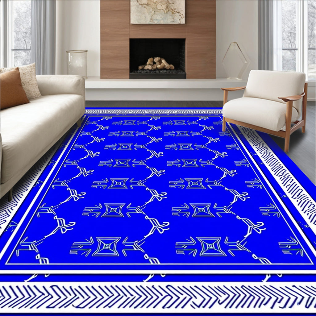 Vibrant Blue Geometric Diamond Border Rug