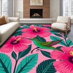 Vibrant Pink Hibiscus Green Hummingbird Rug