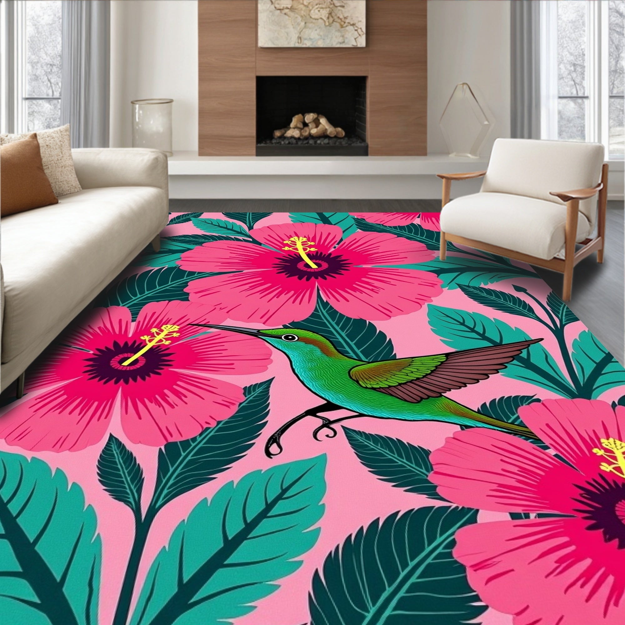 Vibrant Pink Hibiscus Green Hummingbird Rug