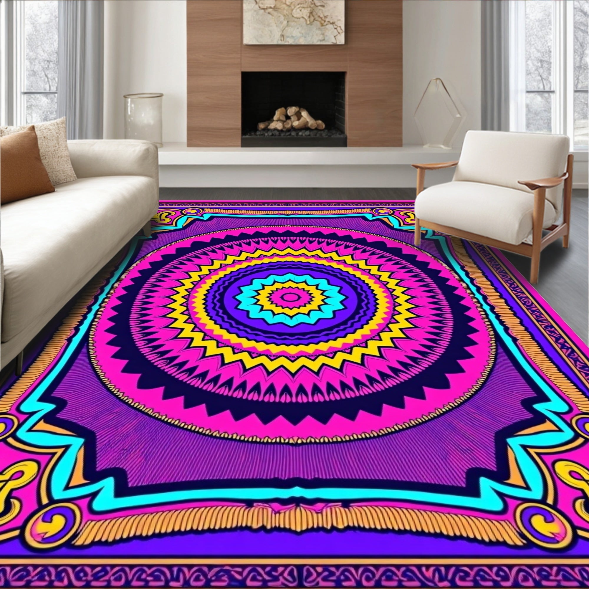 Vibrant Pink Purple Sunburst Medallion Rug