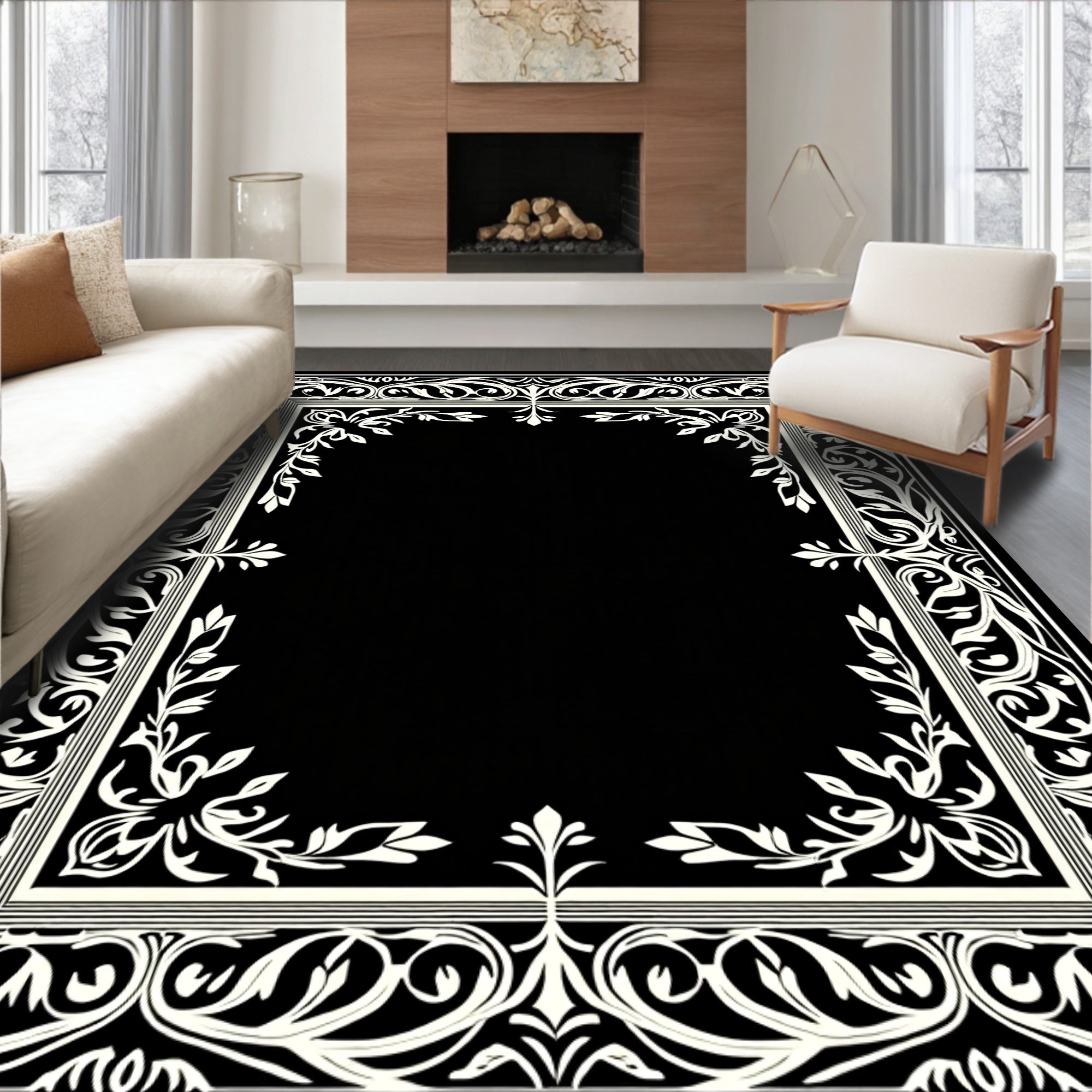 Antique Ivory Floral Scroll Border Rug