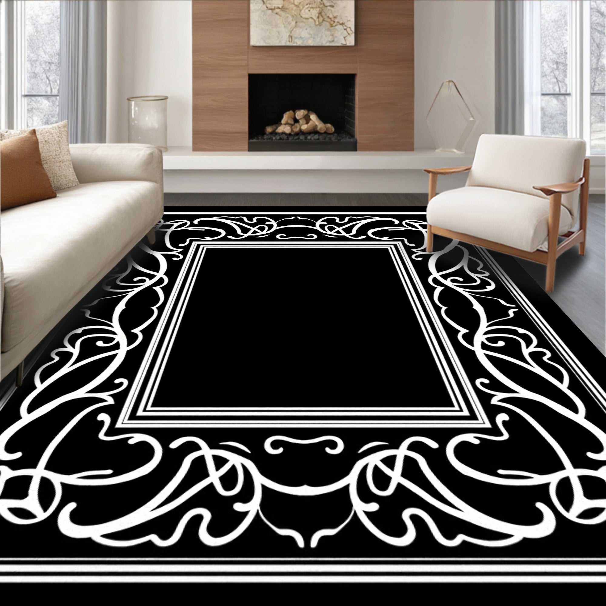 White Scrollwork Square Frame Accent Rug