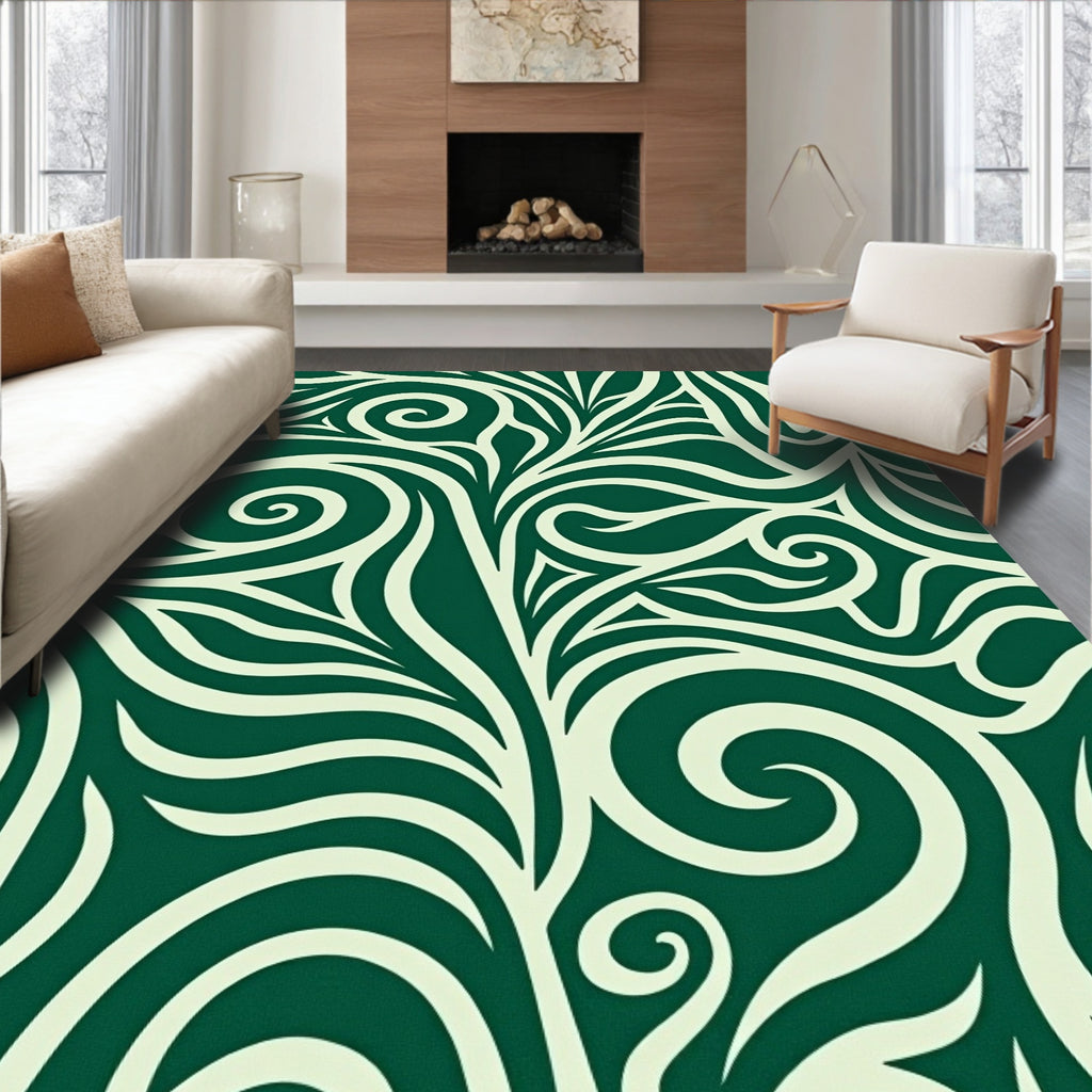 Deep Green Swirling Art Nouveau Flora Rug