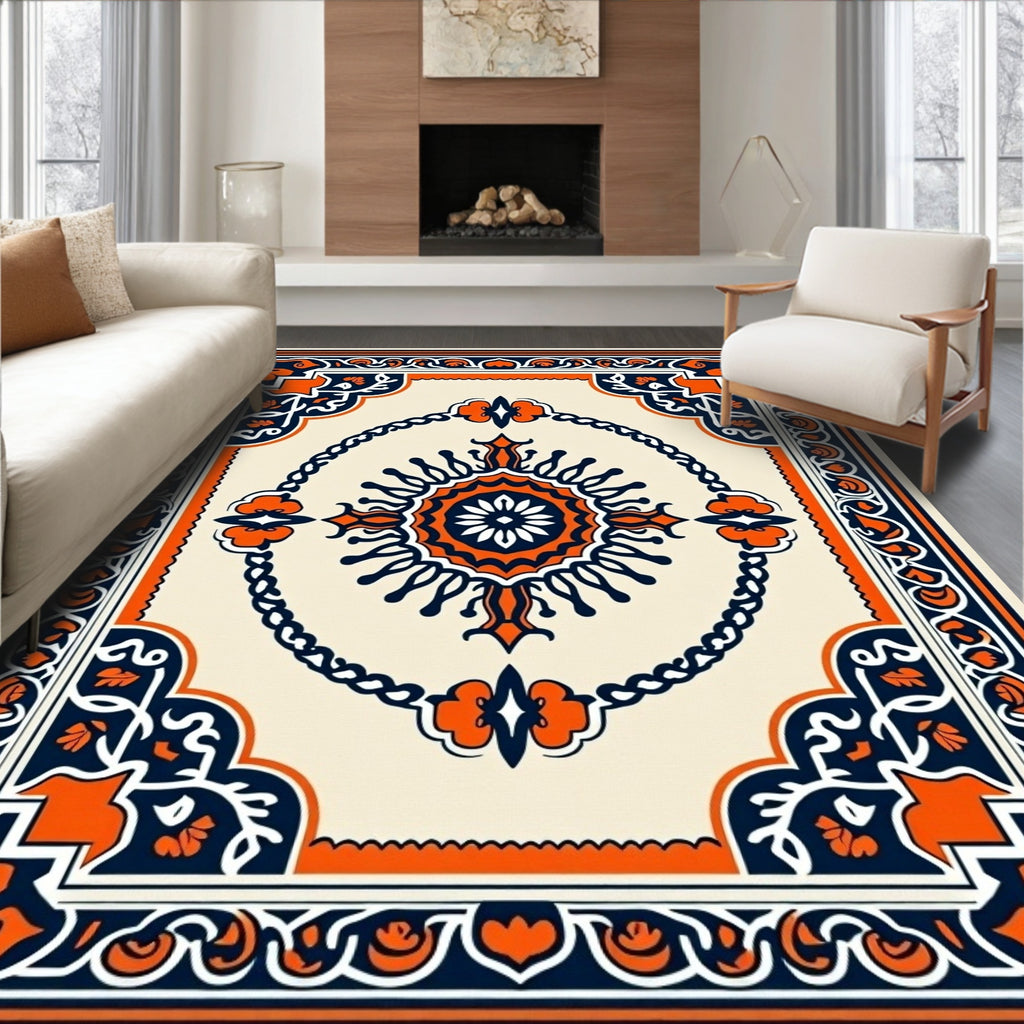 Orange Navy Floral Medallion Border Rug