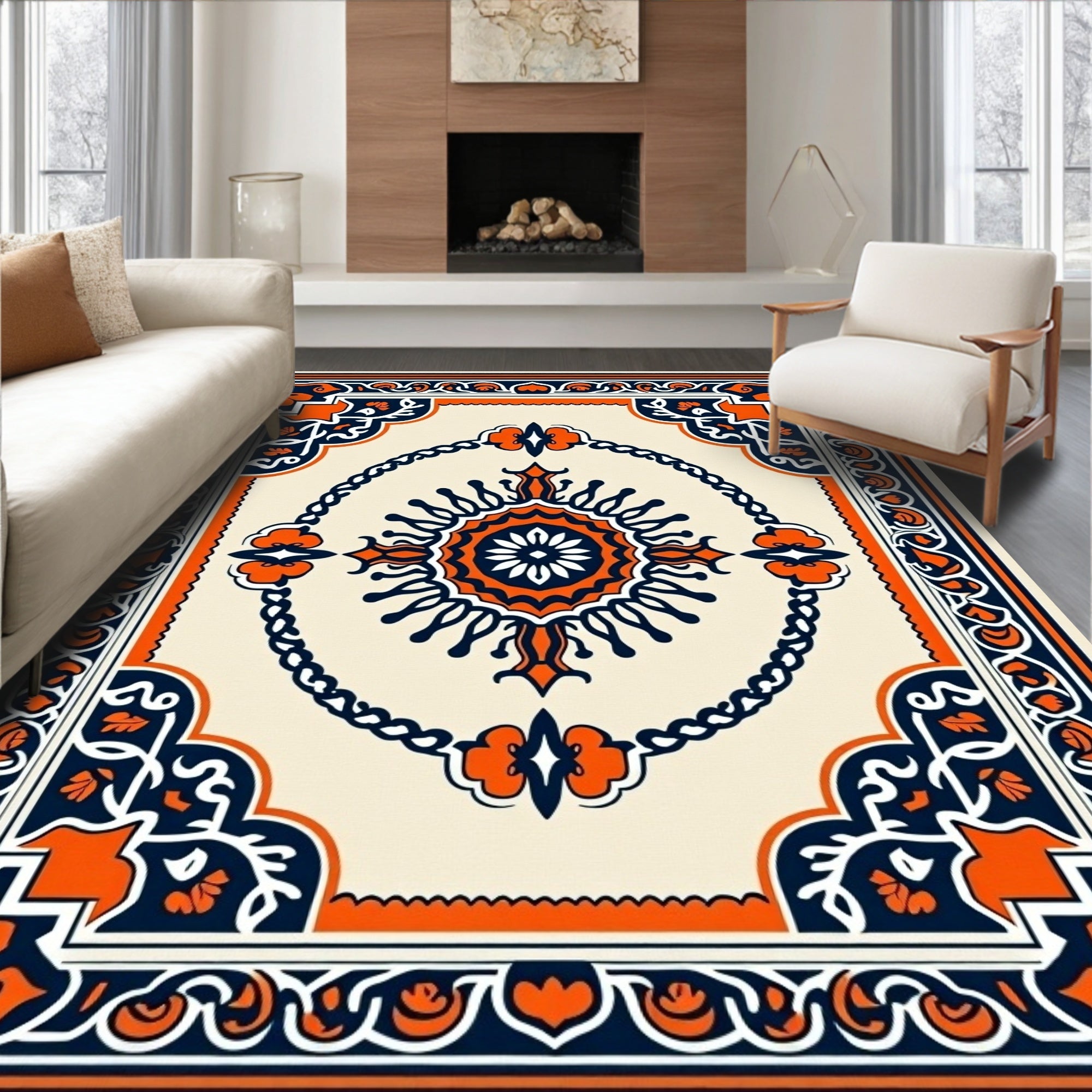 Orange Navy Floral Medallion Border Rug