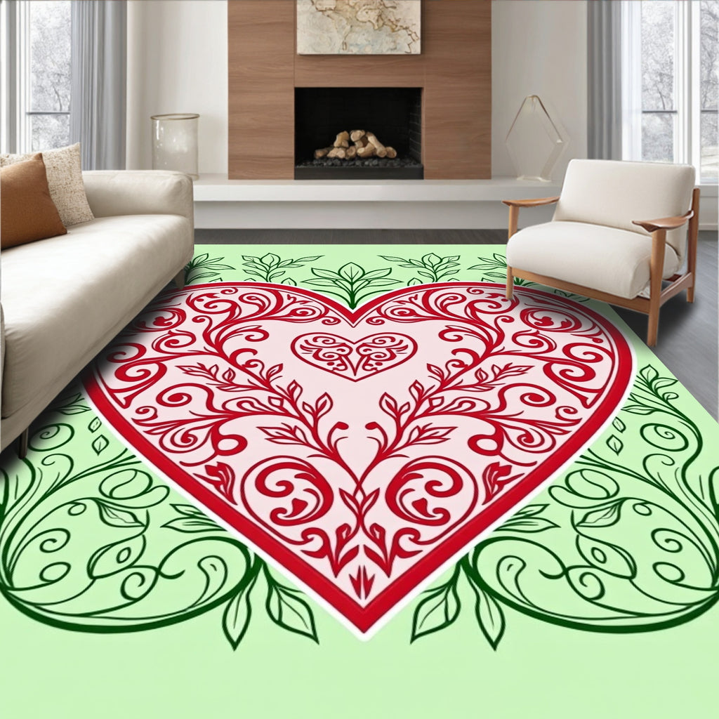 Red Floral Heart Swirls with Green Vines Rug