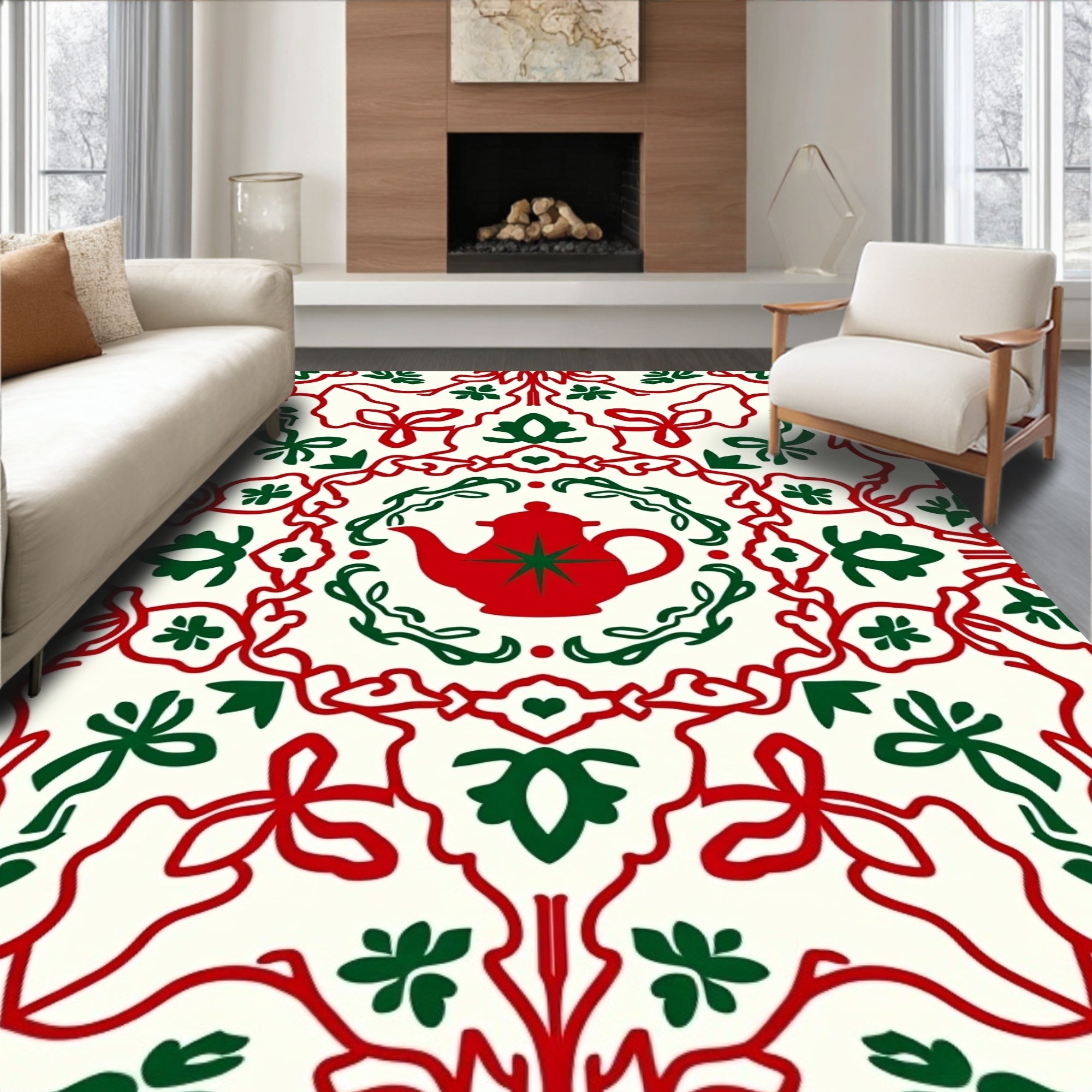 Red Green Teapot Scrollwork RepeatingRug Rug