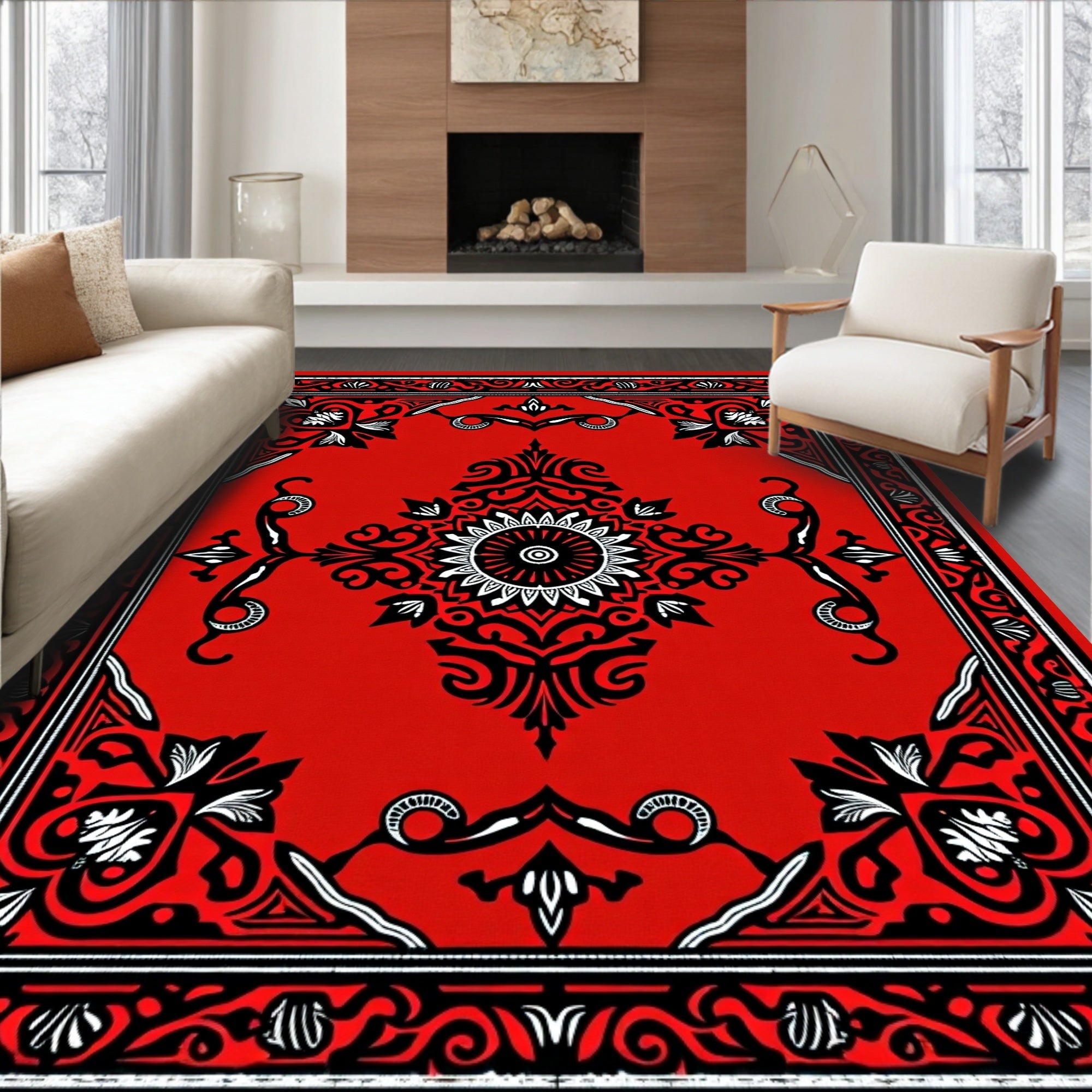 Vibrant Red Black Medallion Border Rug