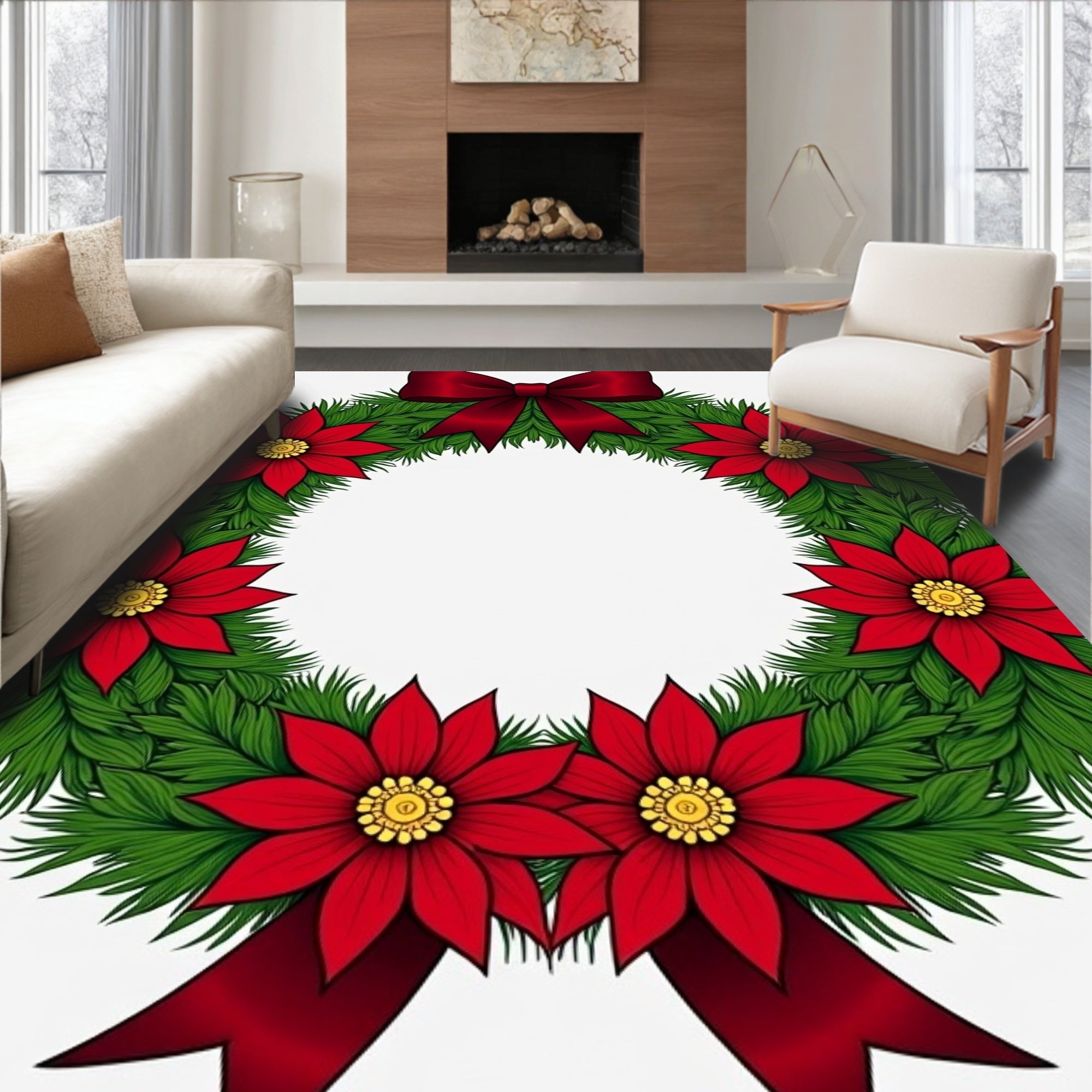 Red Poinsettia Green Fir Ribbon Wreath Rug