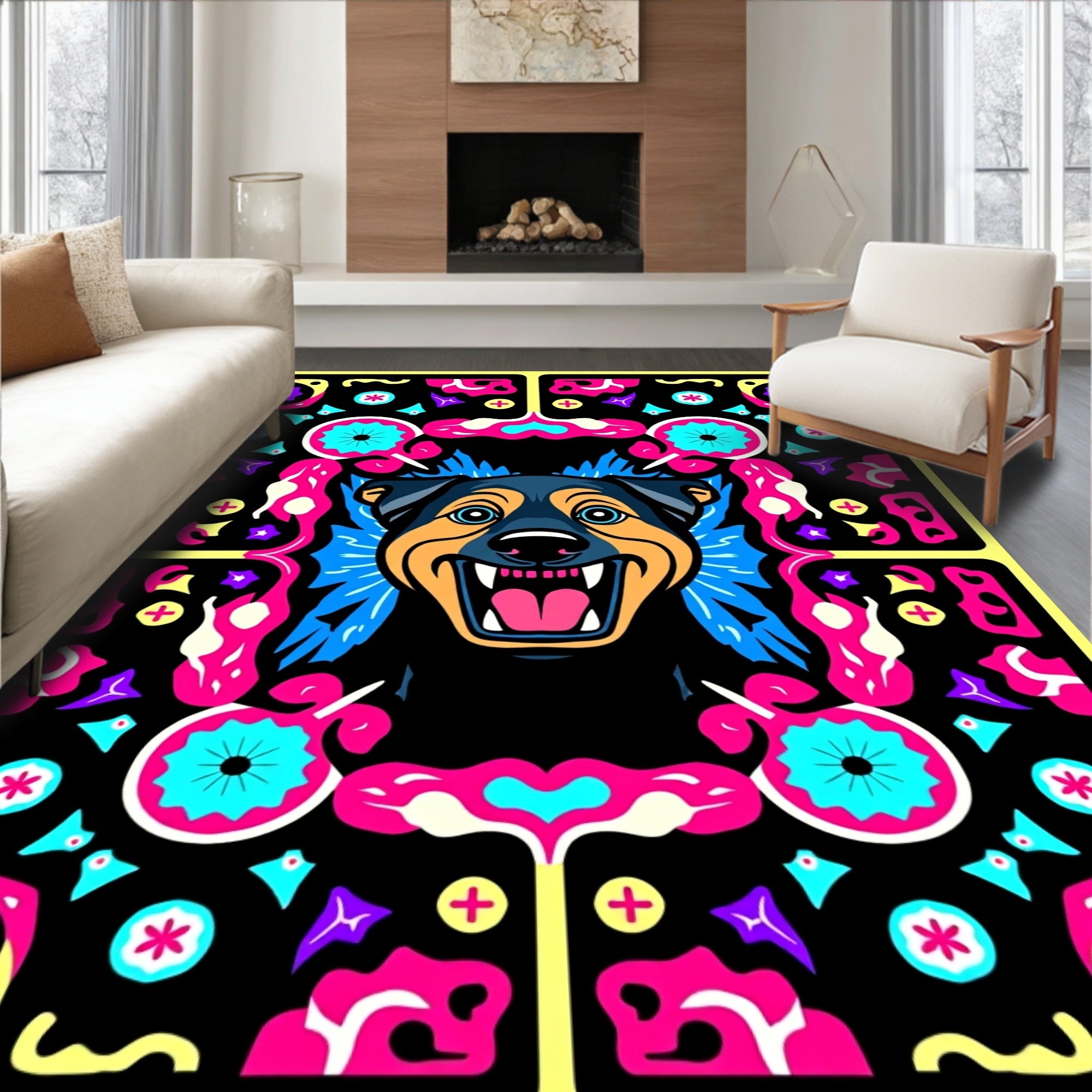 Vibrant Dog With Psychedelic Border Rug