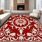 Ornate Crimson Sunburst Botanical Scroll Rug