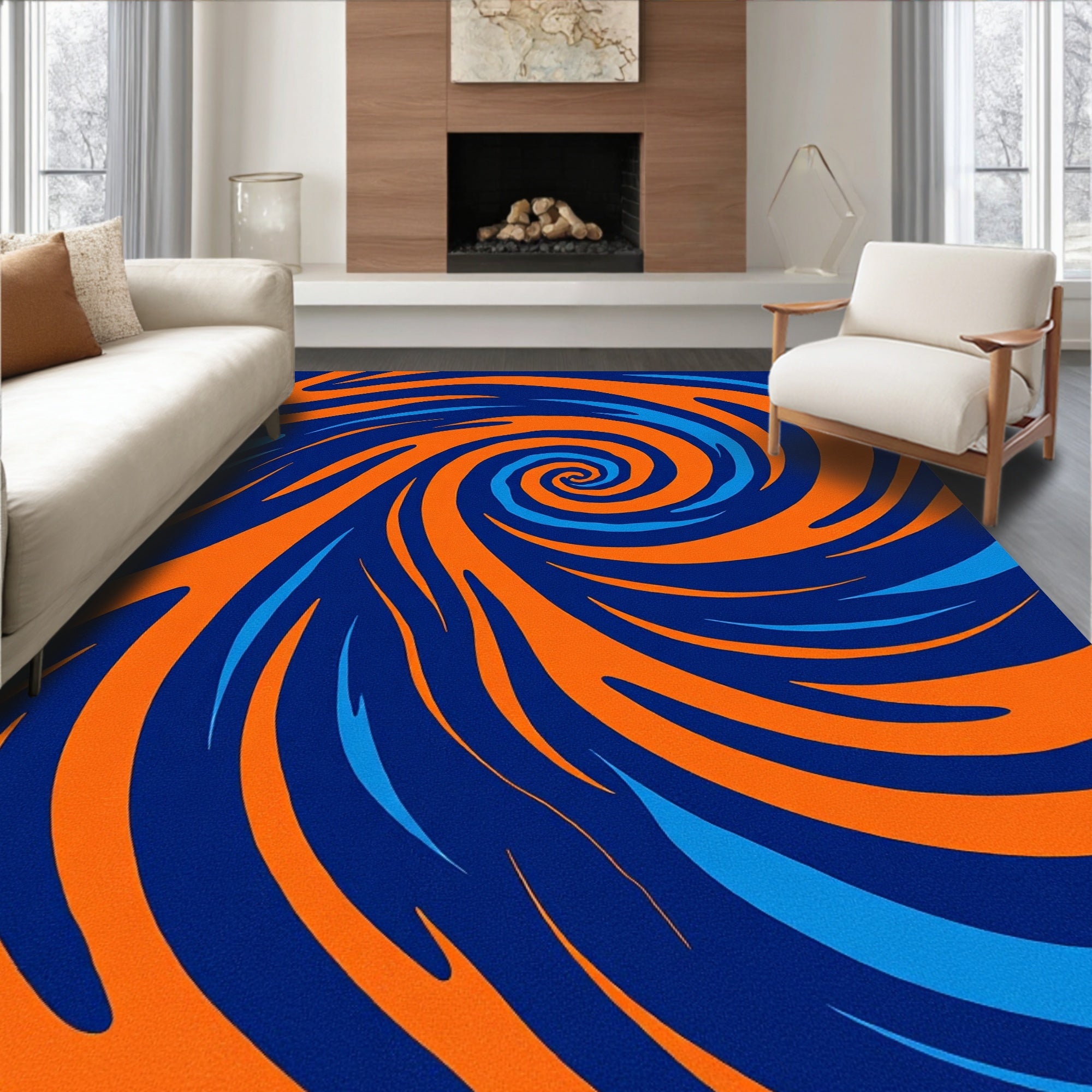 Dynamic Blue Orange Swirl Rug