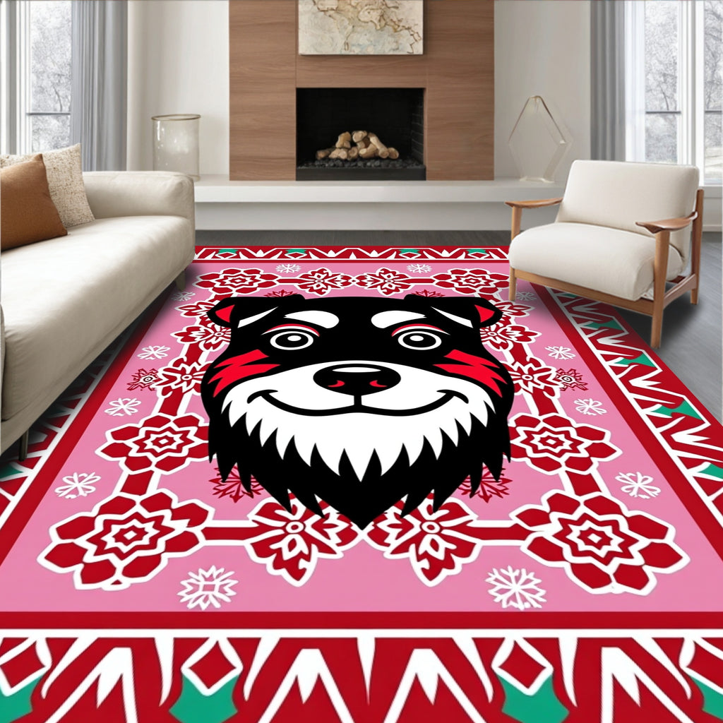 Vibrant Red Dog Floral Border Rug