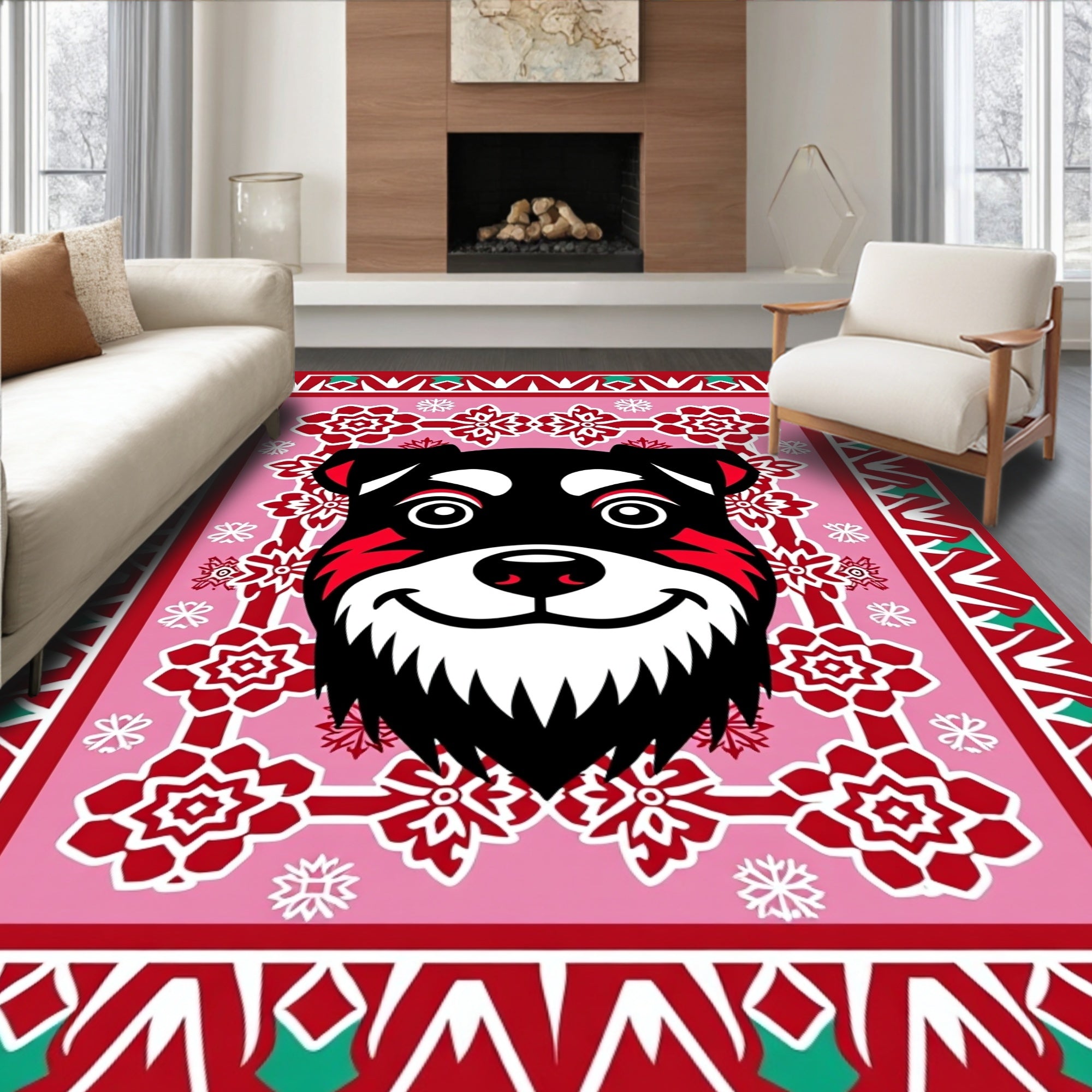 Vibrant Red Dog Floral Border Rug