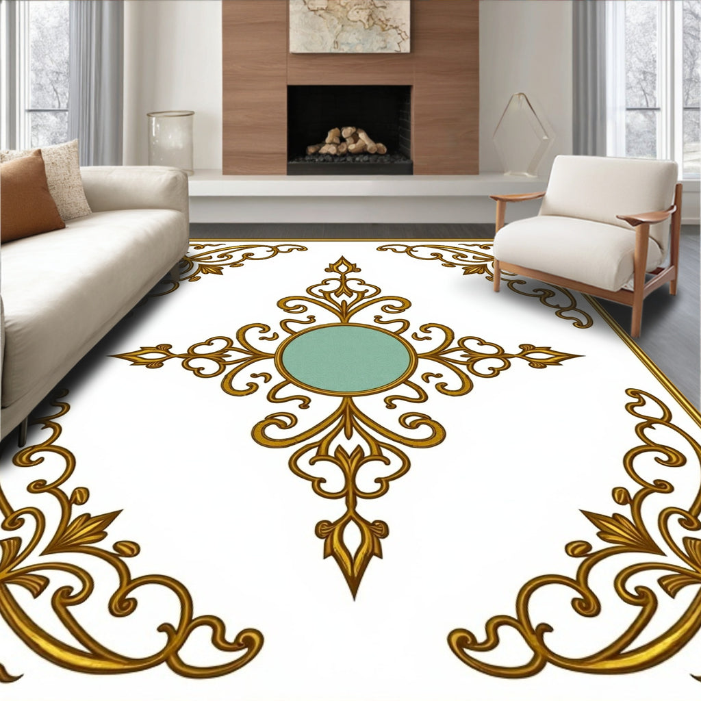 Golden Teal Scrollwork Medallion Rug
