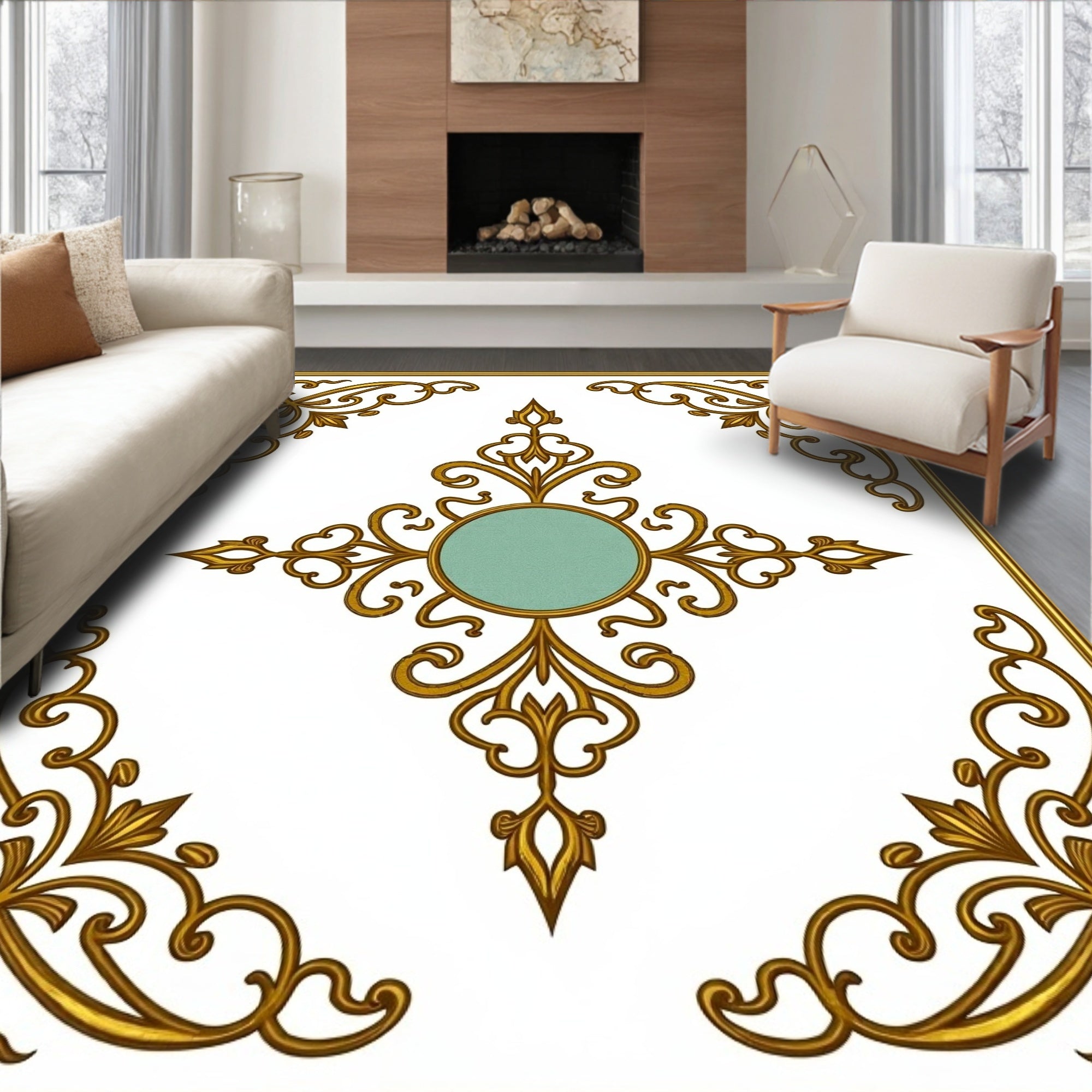 Golden Teal Scrollwork Medallion Rug