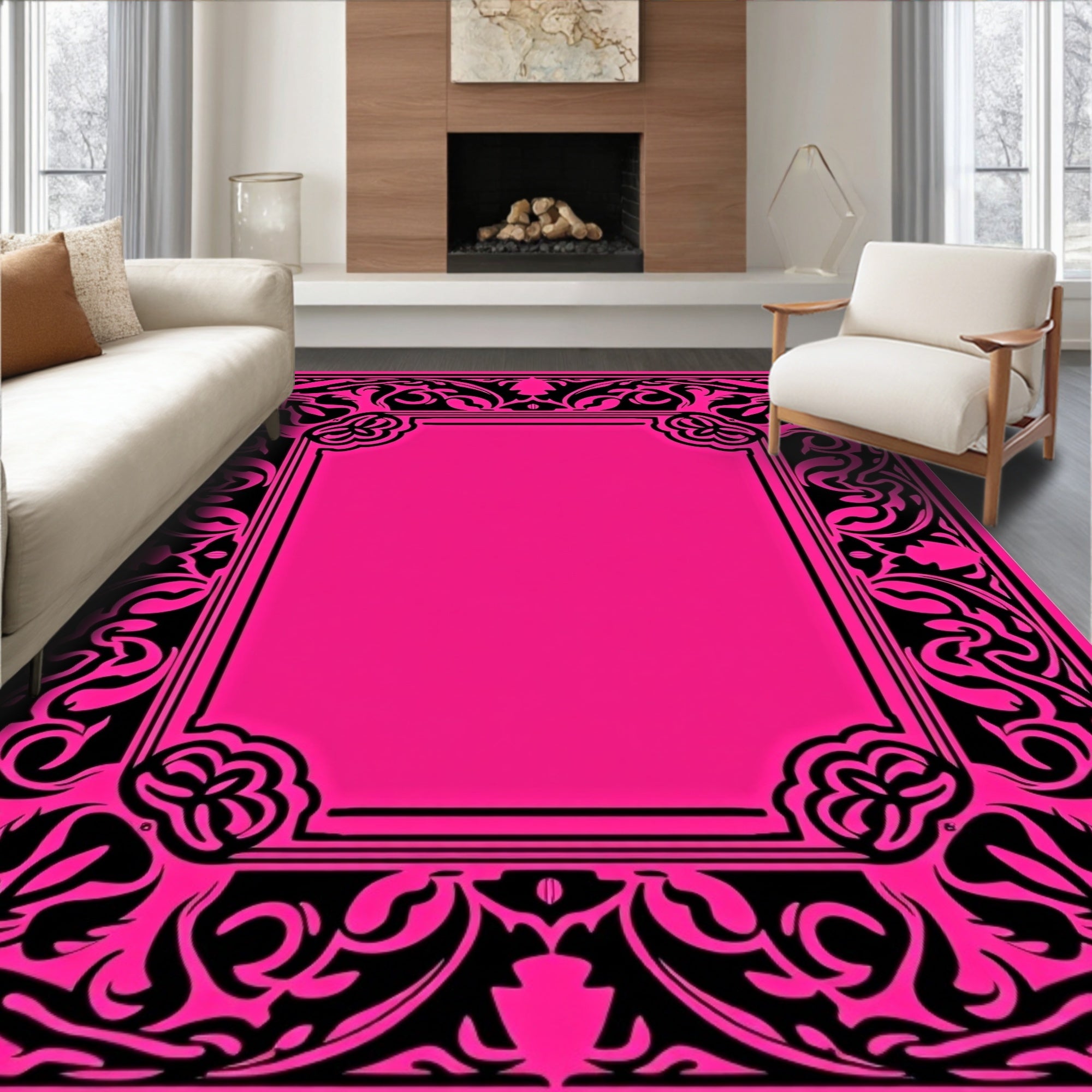 Hot Pink Black Elegant Floral Frame Rug