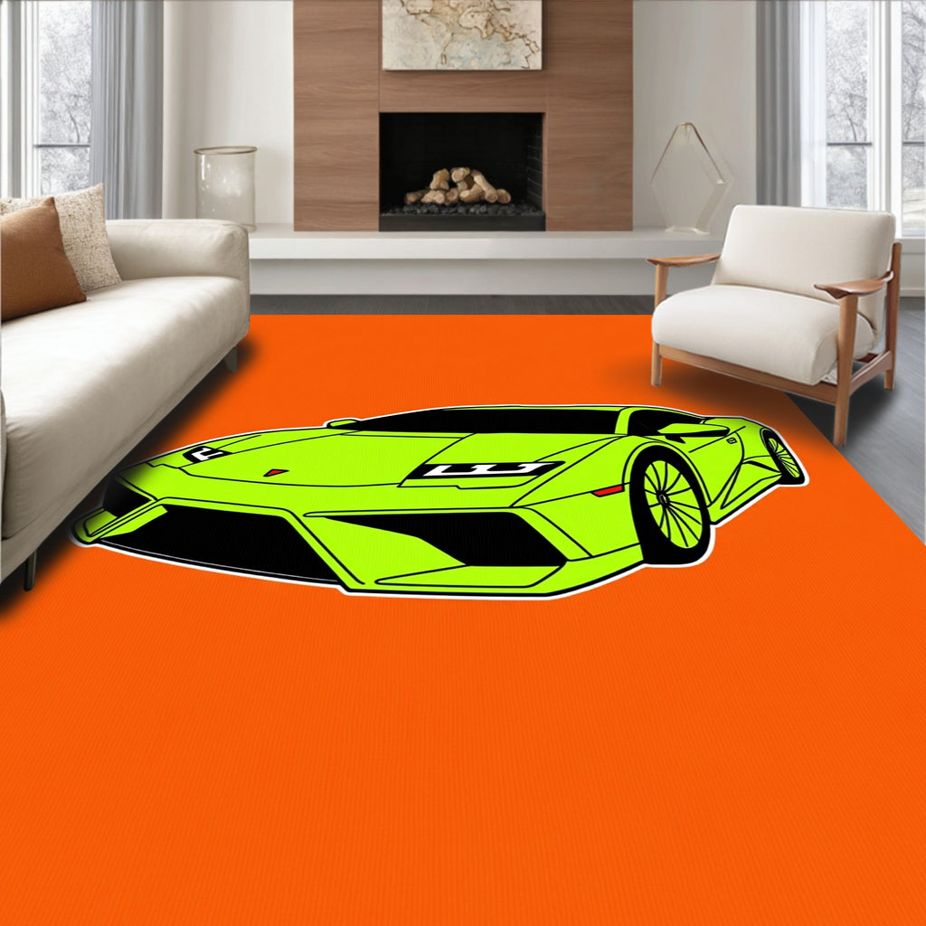 Vibrant Lime Sports Car Orange Background Rug
