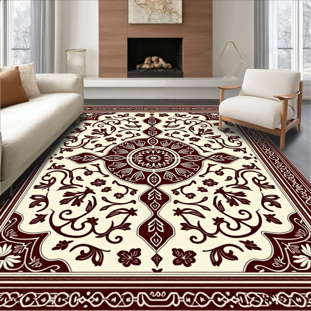 Deep Red Floral Medallion Cream Rug