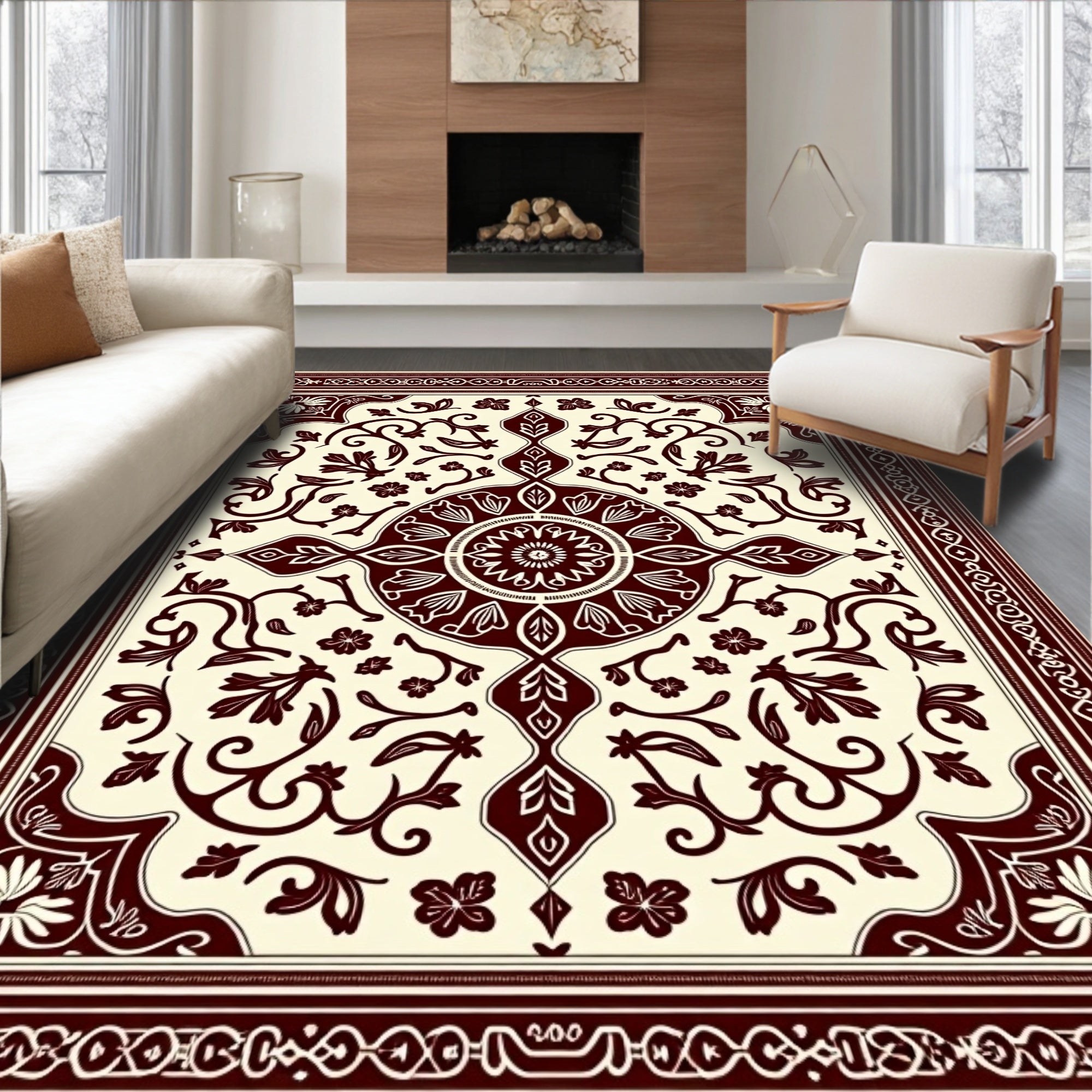 Deep Red Floral Medallion Cream Rug
