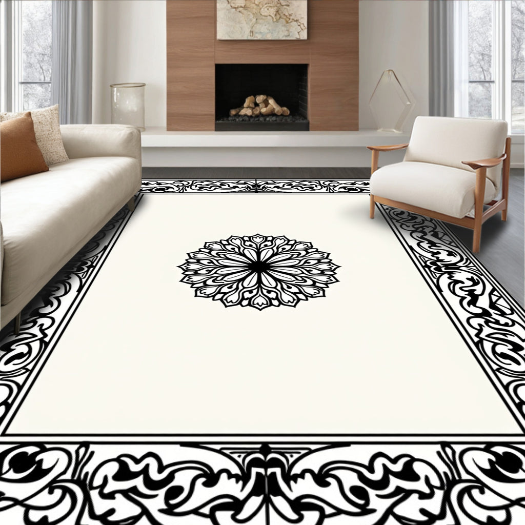 Ornate Black Floral Medallion Frame Rug