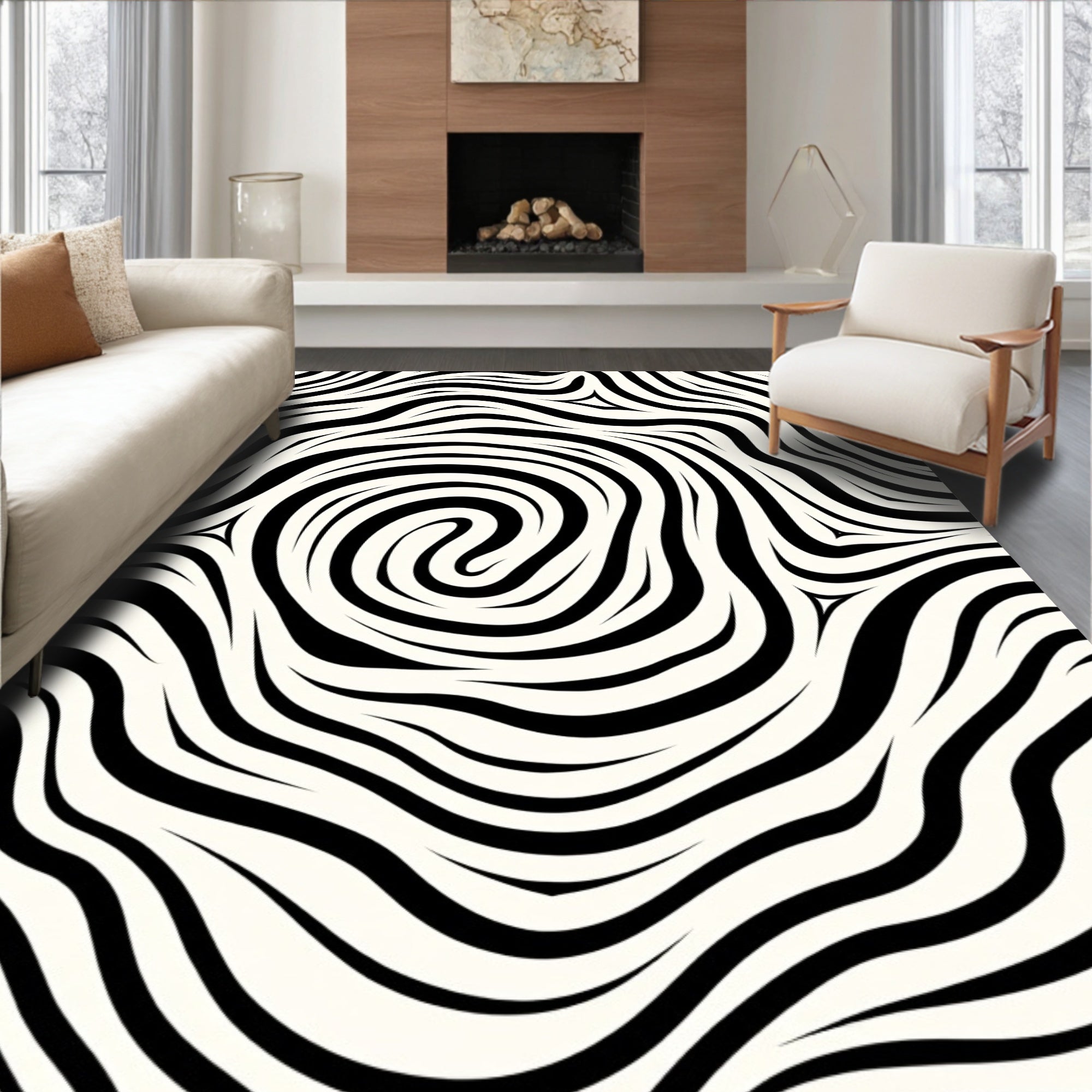 Monochromatic Black White Swirl Stripes Rug