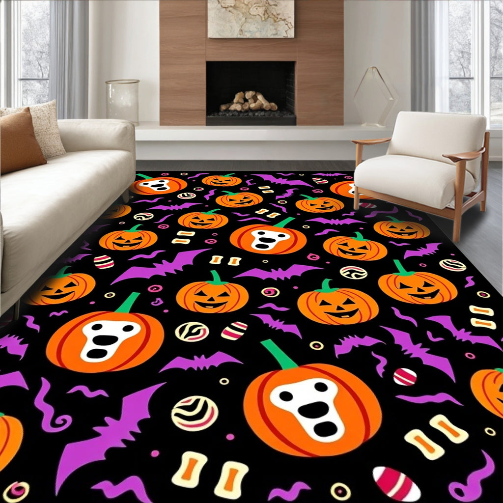 Spooky Orange Pumpkin Bat Halloween Rug