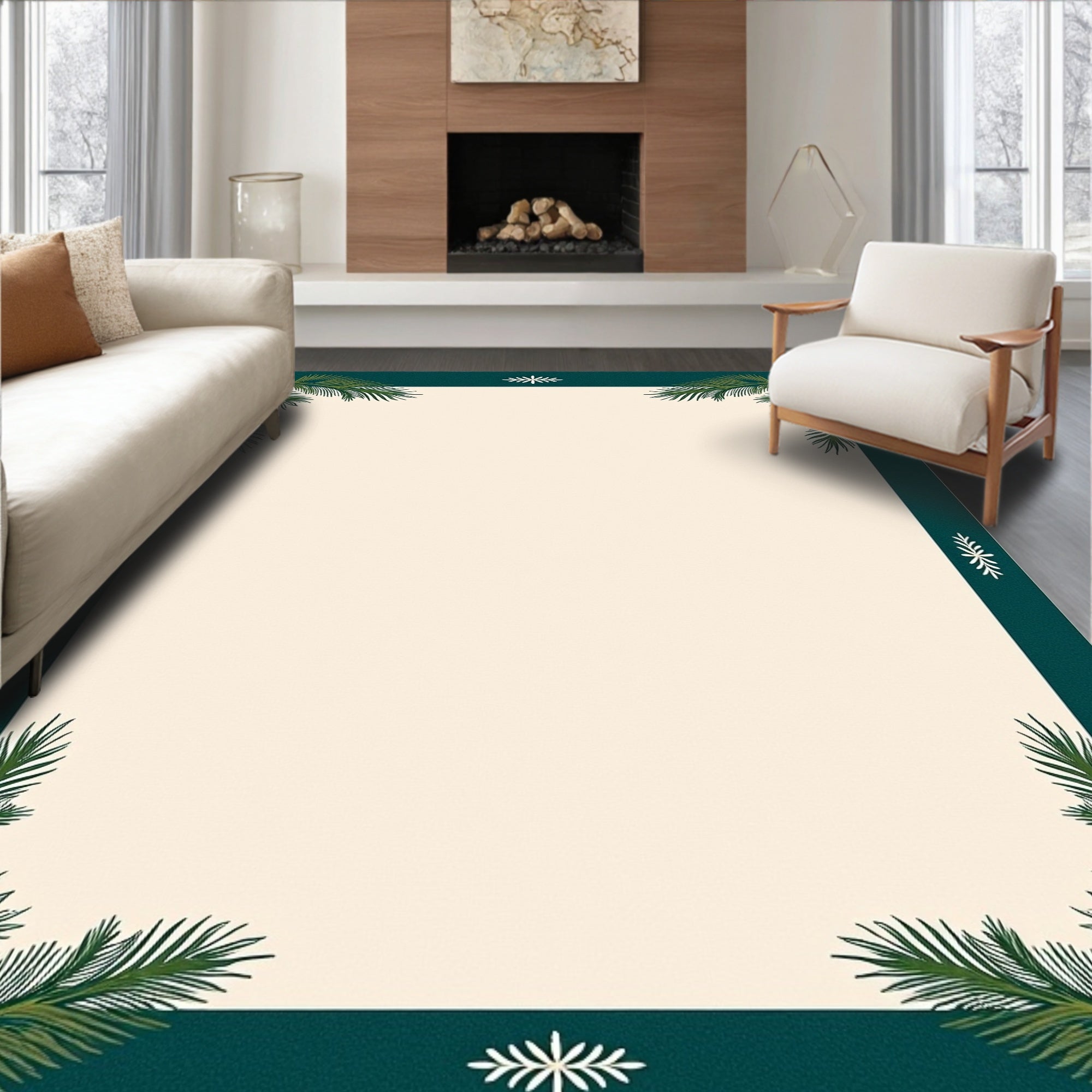 Emerald Green Pine Branch Border Rug