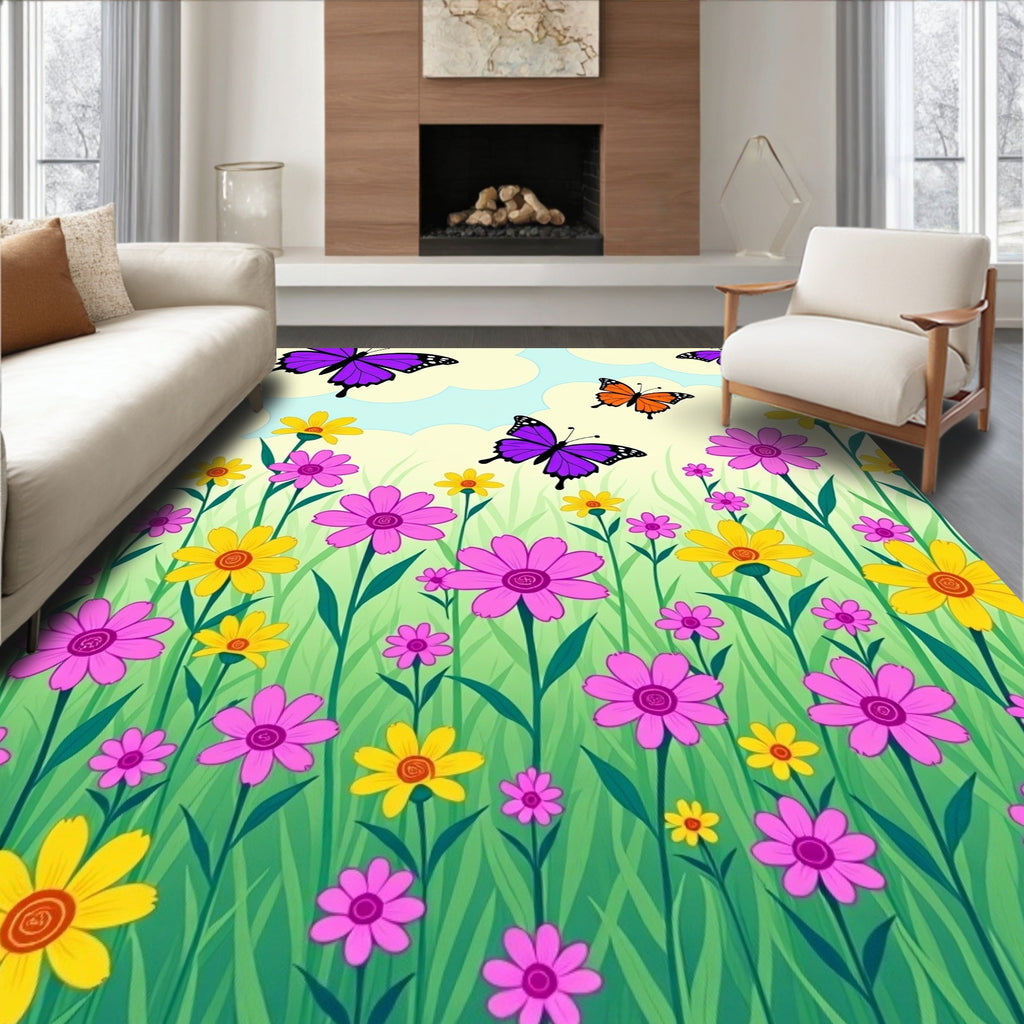 Vibrant Pink Yellow Butterfly Meadow Rug