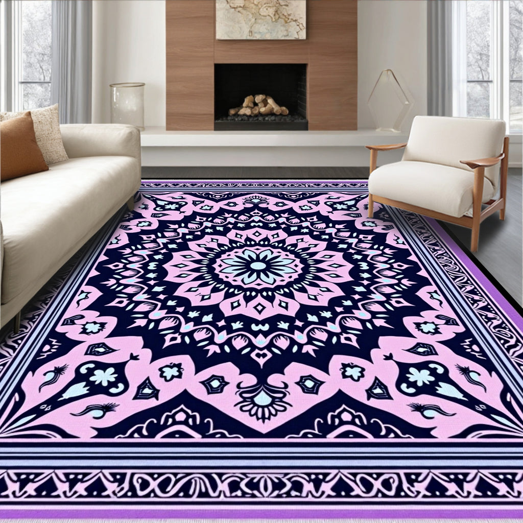 Soft Pink Navy Mandala Border Rug