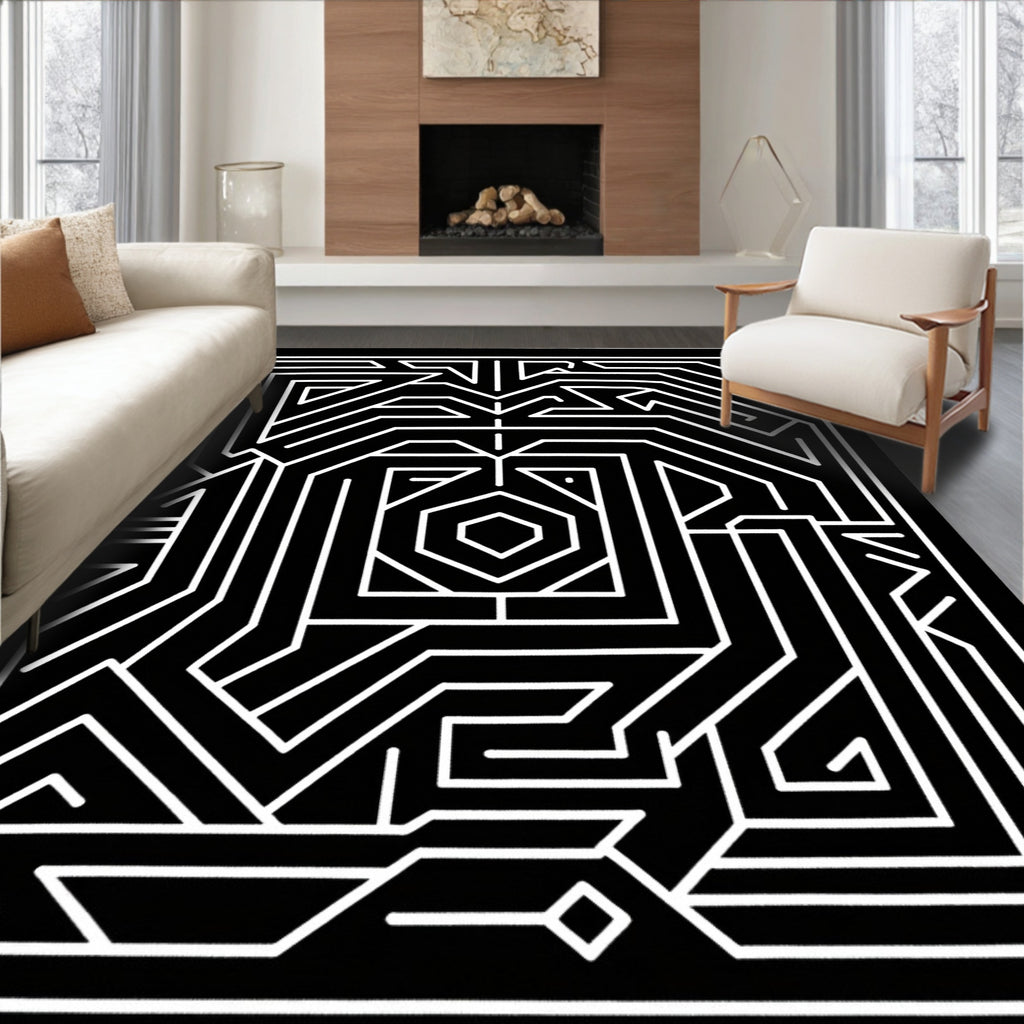Black White Geometric Maze Lines Rug