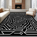 Black White Geometric Maze Lines Rug