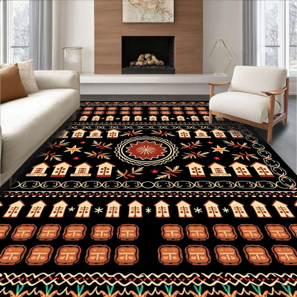 Terracotta Brown Folkloric House Medallion Rug
