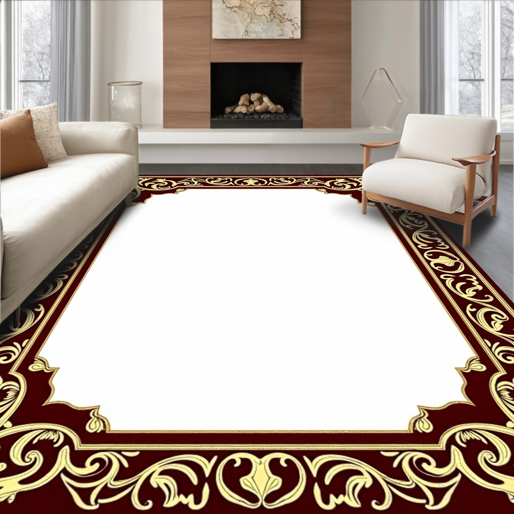 Crimson Gold Scrollwork Border Rug