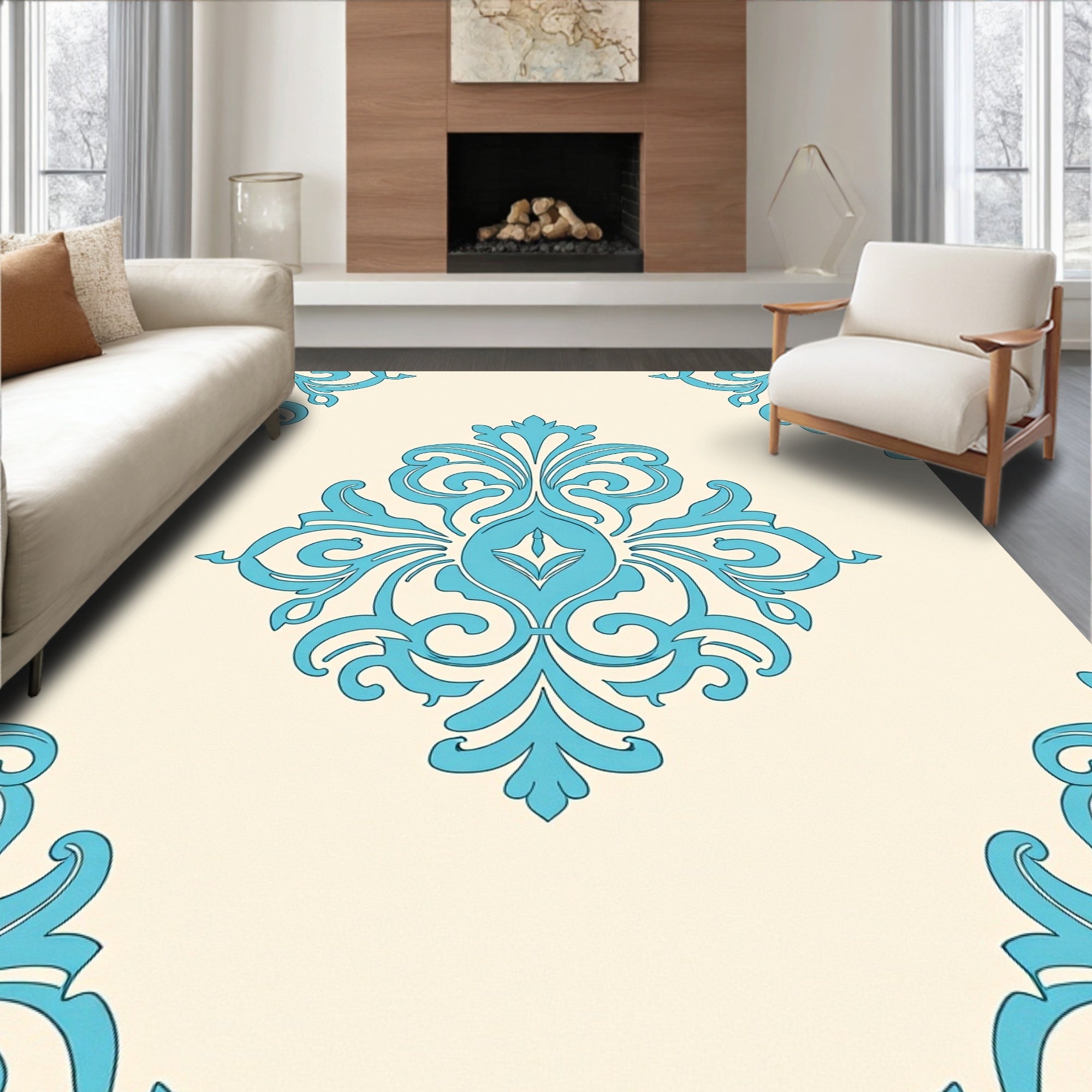 Aqua Damask Flourish Cream Rug