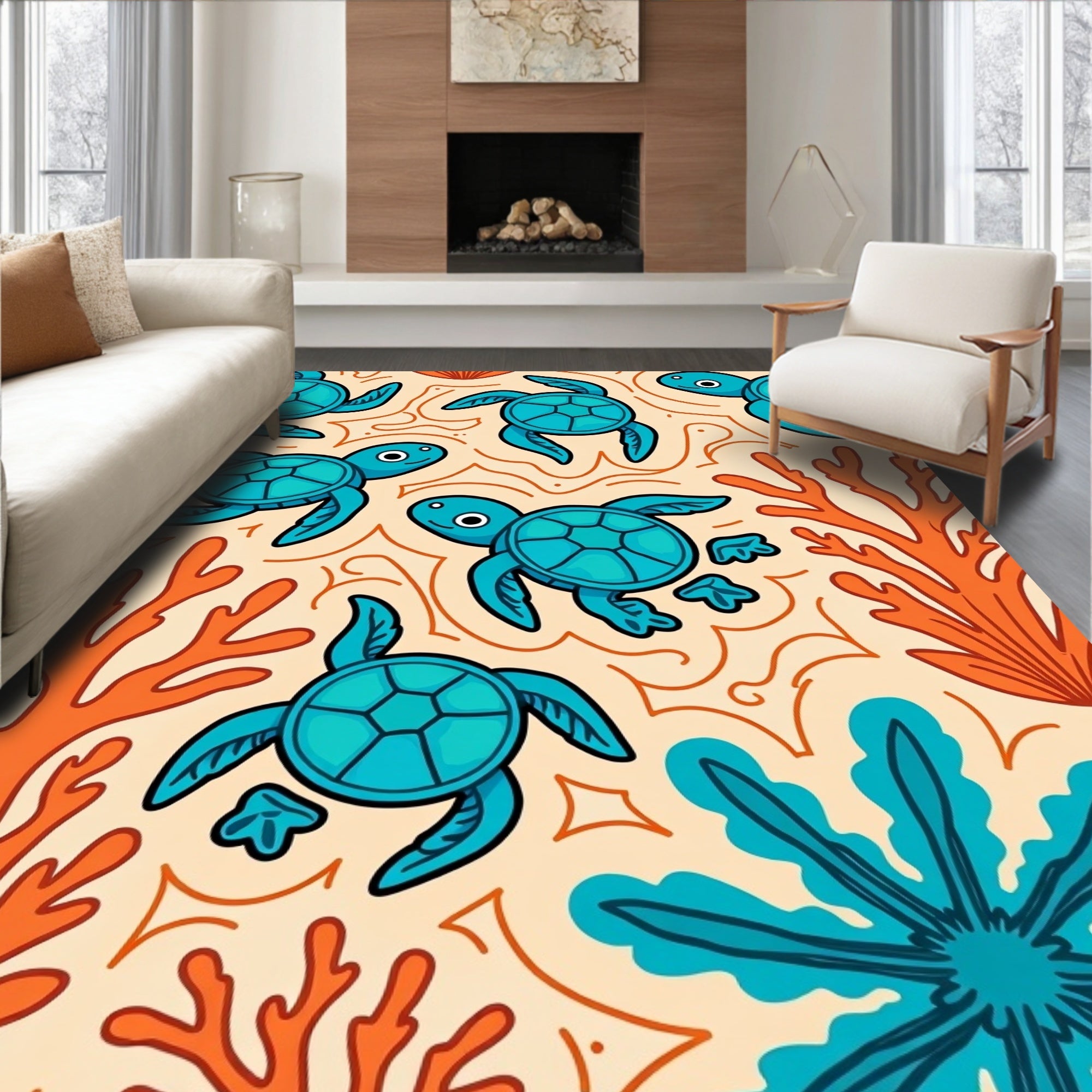 Turquoise Sea Turtle Coral Scene Rug