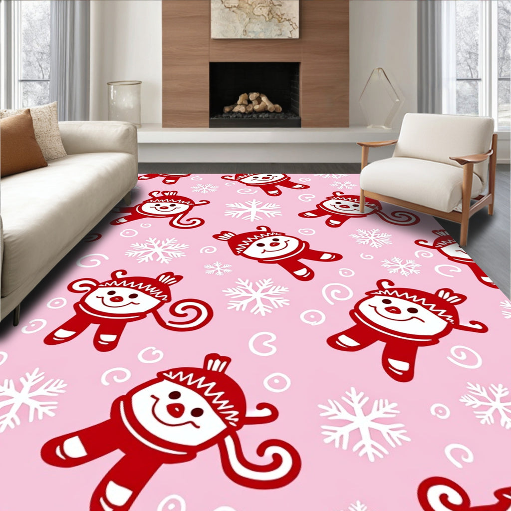 Whimsical Snowman Pink Snowflake Rug