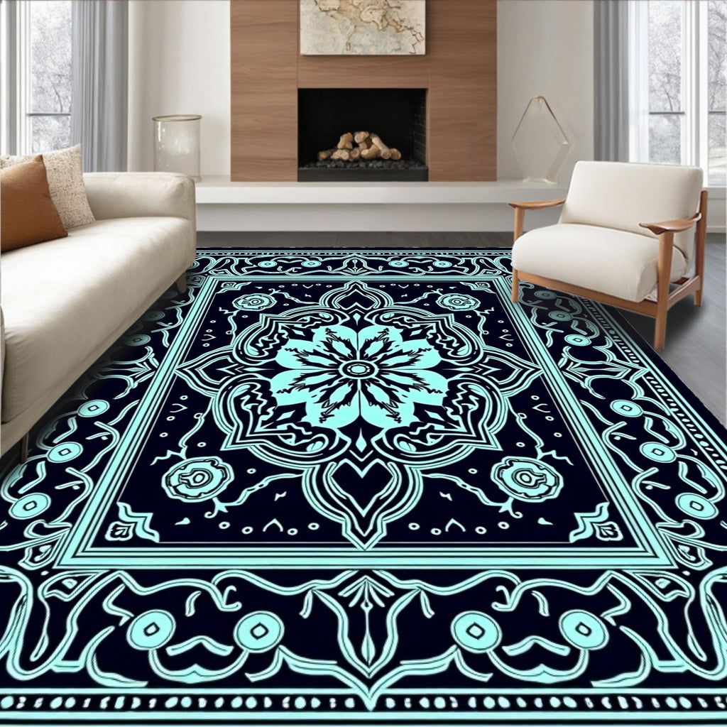 Teal Floral Medallion Midnight Garden Rug