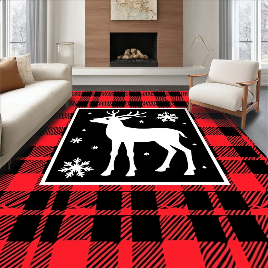 Red Black Buffalo Plaid Deer Snowflake Rug