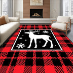 Red Black Buffalo Plaid Deer Snowflake Rug